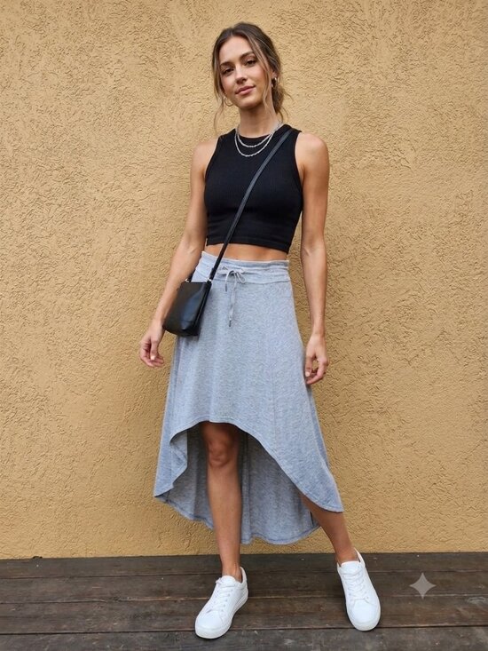 Athleta Dresses & Skirts - Athleta Heather Grey Asymmetric High Low Knit Skirt Drawstring Waist Athleisure